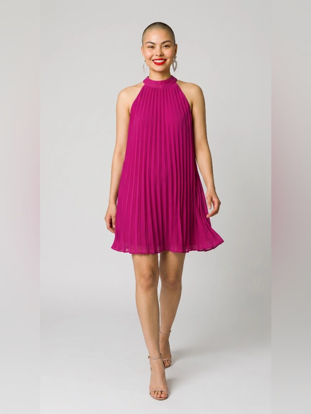 CASSEE'S Pleated Halter Mini Dress in Fuchsia SIZE PXL